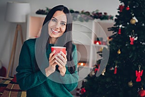 Photo of sweet charming lady dressed knitted x-mas sweater drinking hot mulled wine indoors house room