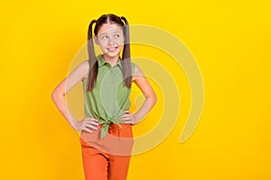 Photo of sweet little tails hairdo girl look pomo wear green top orange trousers isolated on yellow background photo