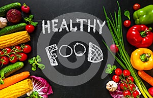 Photo of a table top full of fresh vegetables or healthy food background. Healthy food concept with fresh vegetables for cooking