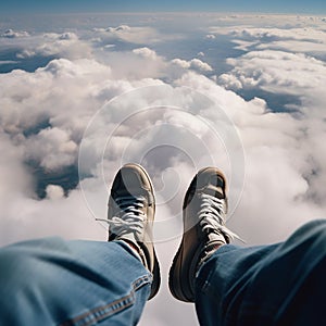 Photo taken down at high altitude above clouds while skydiving, photo shows the photographer's legs, sky below,