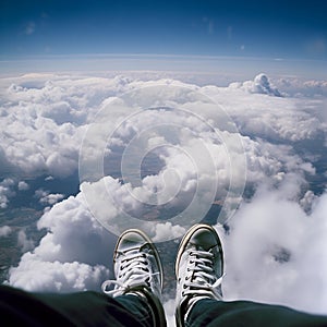 Photo taken down at a high altitude above the clouds while skydiving, the photo shows the photographer's legs, the sky below