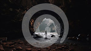 A photo taken from inside of a cave, of a man standing in front of the entrance to the cave