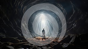 A photo taken from inside of a cave, of a man standing in front of the entrance to the cave