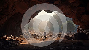 A photo taken from inside of a cave, of a man standing in front of the entrance to the cave