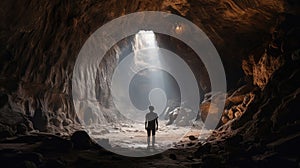 A photo taken from inside of a cave, of a man standing in front of the entrance to the cave