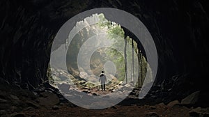 A photo taken from inside of a cave, of a man standing in front of the entrance to the cave
