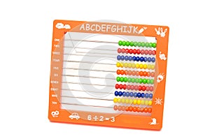 An orange colored abacus with colorful beads