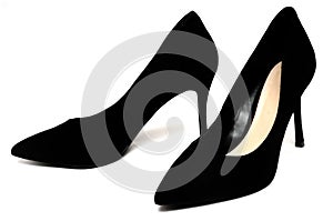 A pair of black pointed high-heeled shoes