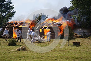 Grunwald, Poland - 2009-07-18: Burning huts
