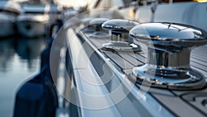 A photo taken from the side of the yacht capturing a line of cleats bolted to the decks surface. These fixtures are
