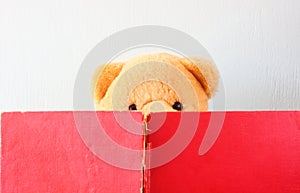 Photo of teddy bear reading book.