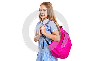 photo of teen girl with schoolbag. school education. teen girl in school uniform isolated on white