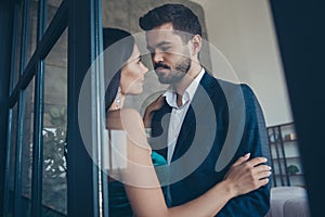 Photo of tenderness couple guy trendy lady leaning glass wall door tempting prelude intimate erotic wish wear fancy