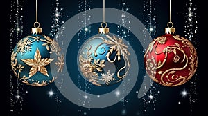 Photo of three Christmas ornaments hanging against a blue background