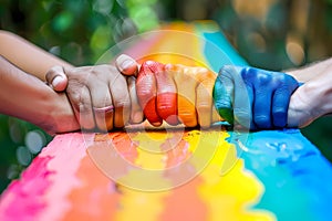 A photo of three hands holding each other on top of a rainbow painted table, symbolizing unity and diversity. Ai