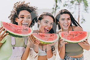 Photo of three positive funky girls have fun hanging out eat watermelon piece beach party outside