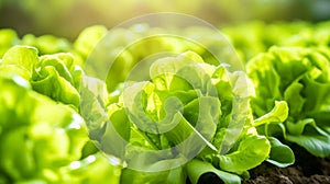 Photo of a thriving garden with rows of green lettuce plants