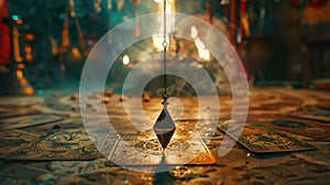 Divination Tools: Cartomancy Pendulum on Blurred Altar with Defocused Tarot Cards and Smoke photo