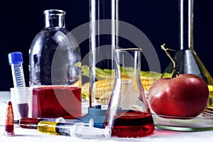 Tomatoes, syringe, test tubes in laboratory on table. Genetically modified food conception