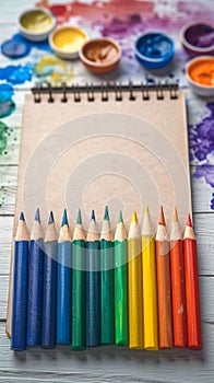 Photo Tools for artist, drawing pad, watercolor paints, and assorted pencils