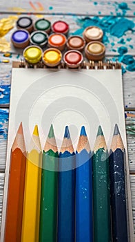 Photo Tools for artist, drawing pad, watercolor paints, and assorted pencils