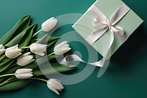 Photo Of The Top View Of The Copy Space And The Chic Green Gift Box With Ribbon Bow On The Side And Bouquet Of White Tulips With photo