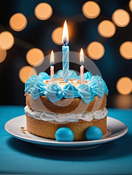 Photo Of Torta Compleanno Con Candela Azzurra Bimbo. Generative AI photo