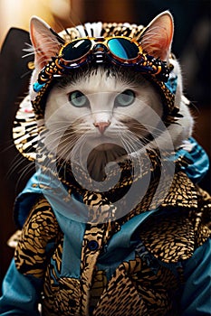 Photo of Tosi the cat dressed in a fancy aviator