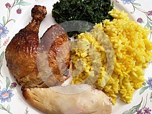 Roast Chicken With Spinach and Yellow Rice