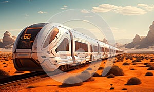 Photo of a train journeying through a stunning desert landscape under the bright sun