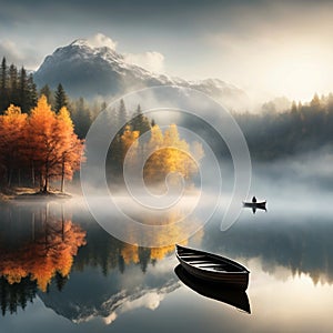 A photo of a tranquil lake scene with a mountain in the background. The lake is surrounded by colorful autumn trees. photo