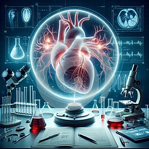 A photo of a translucent heart beating against a backdrop of scientific equipment and tools, showing blood circulation.AI Generate