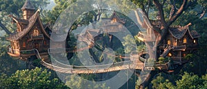 A photo of a treehouse village in a lush forest. The treehouses are connected by bridges and walkways
