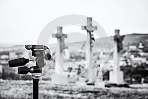 Photo tripod and Calvary in Nitra, Slovakia, colorless