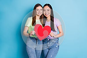 Photo of two affectionate lesbians couple young ladies romance date holding big red paper heart shape lovers celebrate