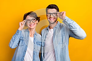 Photo of two agents business people touch eyeglasses eyewear decide start up solution isolated bright color background