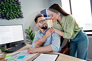 Photo of two business people colleagues have love affair in work workplace workstation