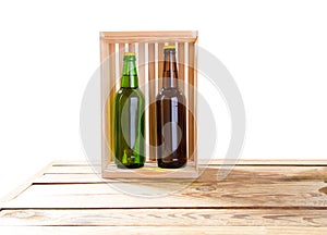 Photo of two different full beer bottles with no labels. Separate clipping path for each bottle included.2 two separate photos