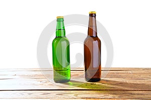 Photo of two different full beer bottles with no labels. Separate clipping path for each bottle included.2 two separate photos