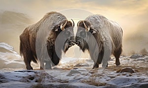 photo of two Musk oxen in its natural habitat. Generative AI