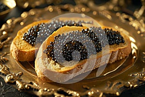 A photo of two slices of bread topped with black caviar, Caviar spread on a golden toast, AI Generated