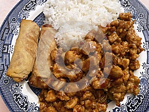 Carryout Szechuan Chicken With White Rice and Spring Rolls photo