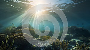 underwater view coral reef with sun beam