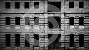 Photo of unfinished brown building with many windows, black and white