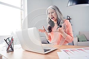 Photo of unhappy crazy angry old woman scream laptop overworked bad mood sit table indoors inside house
