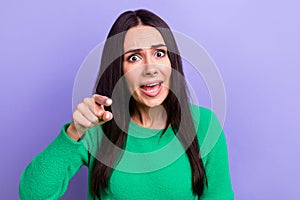 Photo of unhappy woman have problem with boyfriend scream at him pointing finger on camera isolated purple color