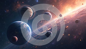 Photo of universe showing planets in vast endless space expanse. Sci-fi wallpaper, interplanetary travel concept. Ringed planet photo