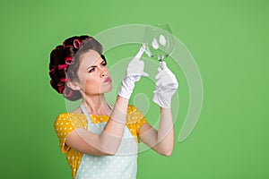 Photo of unsure girl have wine glass dishwasher check clean touch latex white gloves finger wear yellow dotted dress