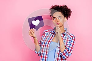 Photo of unsure wavy hairdo lady look like wear blue shirt isolated on pink color background