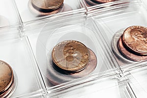 Photo of a US cent coins in a clear plastic sheet holder